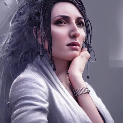 Image similar to hyperrealistic mixed media high resolution image of a woman Kurdish lawyer, stunning 3d render inspired art by István Sándorfi and Greg Rutkowski and Unreal Engine, perfect symmetry, dim volumetric lighting, 8k octane beautifully detailed render, post-processing, extremely hyper-detailed, intricate, epic composition, highly detailed attributes, highly detailed atmosphere, full body shot, cinematic lighting, masterpiece, trending on artstation, very very detailed, masterpiece, stunning, flawless structure, lifelike texture, perfection,