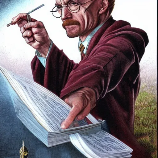 Image similar to Harry Potter and Walter White, artwork by Earl Norem,