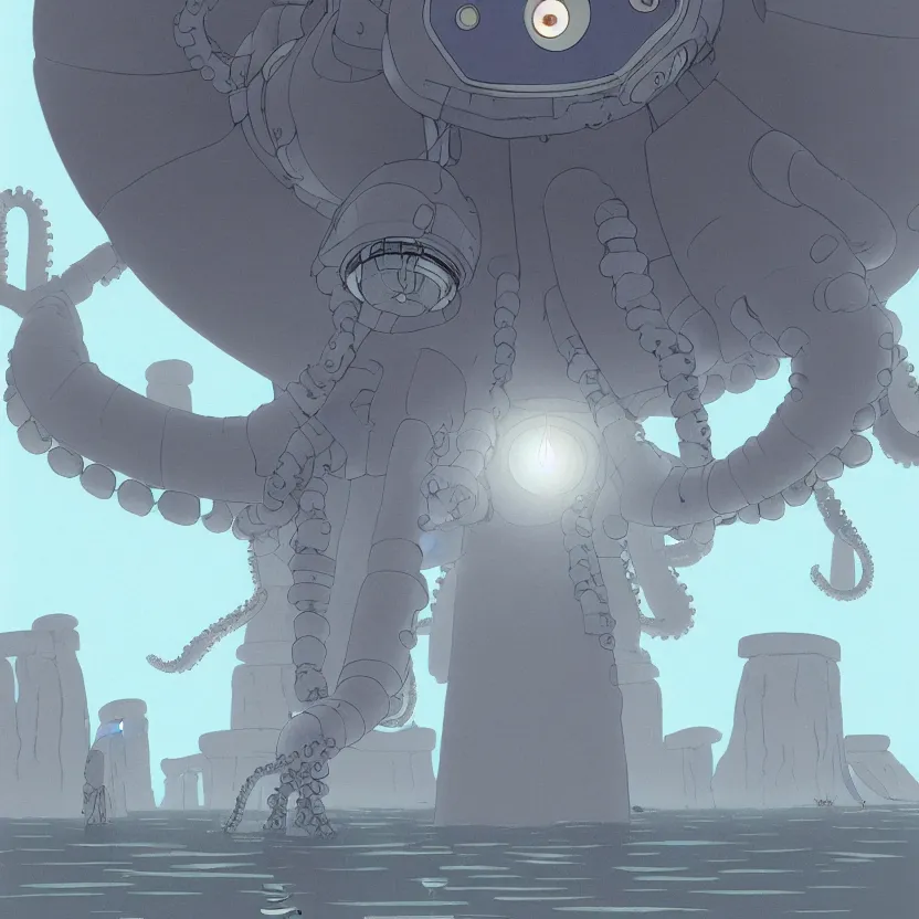 Image similar to a realistic cell - shaded studio ghibli concept art from paprika ( 2 0 0 6 ) of a flying intelligent dull grey mechanical octopus from close encounters of the third kind ( 1 9 7 7 ) in a flooded monument valley stonehenge. very dull colors, wide shot, hd, 4 k, hq