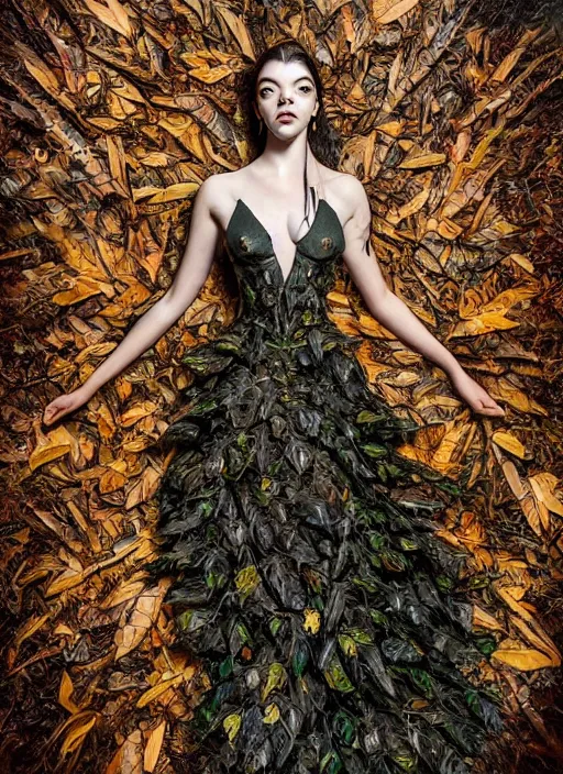 Image similar to expressive full body photo of anya taylor - joy, dress made of leaves, glamour shot, by karol bak, stefan gesell, photorealistic, nikon d 4 x, fashion photography, hyper maximalist, elegant, ornate, luxury, elite, environmental portrait, symmetrical features, octane render, unreal engine, solid dark grey background, dramatic lights