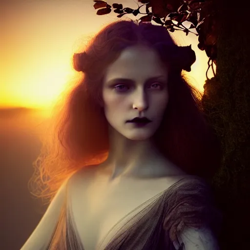 Image similar to photographic portrait of a stunningly beautiful gothic art nouveau female in soft dreamy light at sunset, contemporary fashion shoot, by edward robert hughes, annie leibovitz and steve mccurry, david lazar, jimmy nelsson, breathtaking, 8 k resolution, extremely detailed, beautiful, establishing shot, artistic, hyperrealistic, beautiful face, octane render