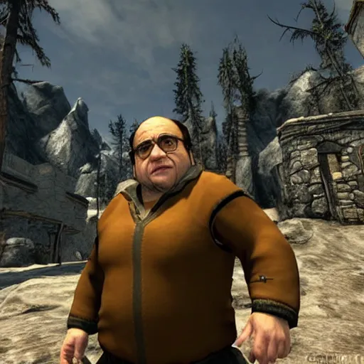 Prompt: a screenshot of danny devito in the video game skyrim. 3 d rendering, unreal engine. amazing likeness. very detailed. cartoon caricature