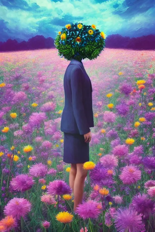 Image similar to closeup, giant flower head, girl in suit standing in a field of flowers, surreal photography, sunrise, blue sky, dramatic light, impressionist painting, digital painting, artstation, simon stalenhag