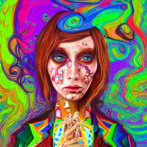 Image similar to An extremely psychedelic portrait of Alice , in wonderland , surreal, LSD, face, detailed, intricate, elegant, lithe, highly detailed, digital painting, artstation, concept art, smooth, sharp focus, illustration