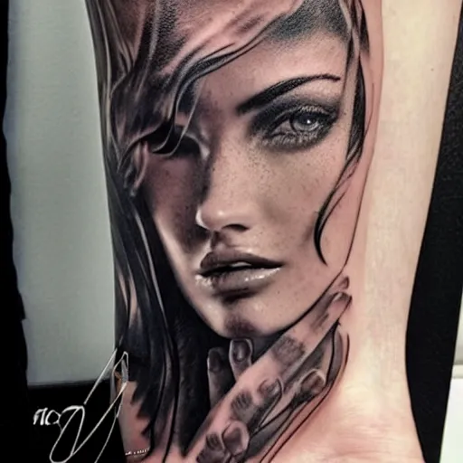 Image similar to double exposure tattoo design sketch of megan fox with beautiful mountain scenery, realism tattoo, in the style of den yakovelev, amazing detail, sharp