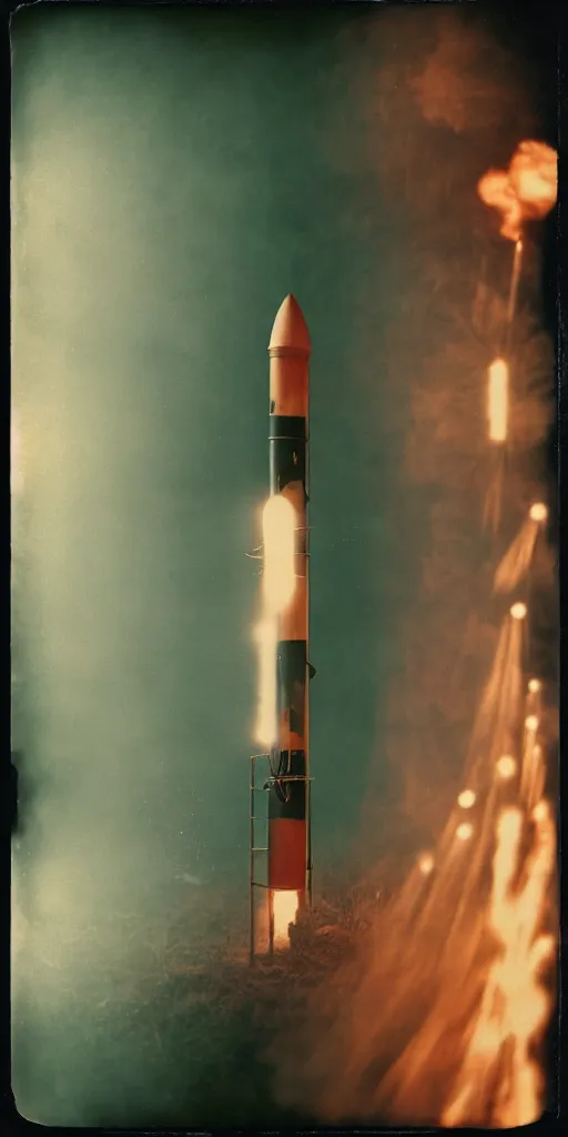 Image similar to kodak portra 4 0 0, wetplate, muted colors, blueberry, 1 9 1 0 s style, motion blur, photo of a launching rocket, backdrop, explosions, sparkling, by georges melies and by britt marling