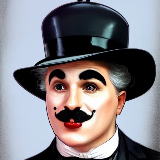 Image similar to charles chaplin wearing a tuxedo, portrait, highly detailed, digital painting, artstation, concept art, sharp focus, illustration, art by artgerm and greg rutkowski and alphonse mucha