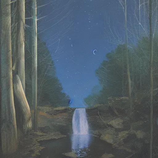 Prompt: Wolfcreek forest at night, Waterfall, moonlight, Greg Rutkowski, Pablo Picasso, hyperrealism