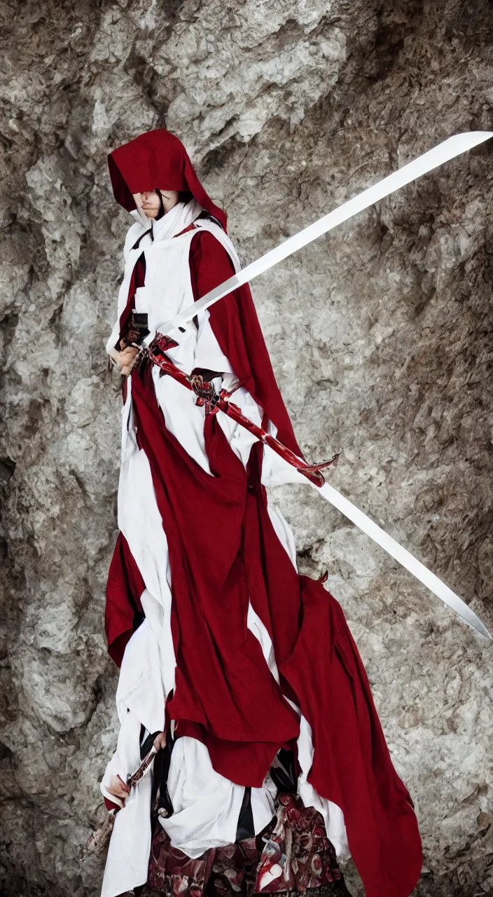 Image similar to samarai cloaked in white with swords, standing in light beam of a dark cave, ruby red sorrow, high quality, ultra detail,