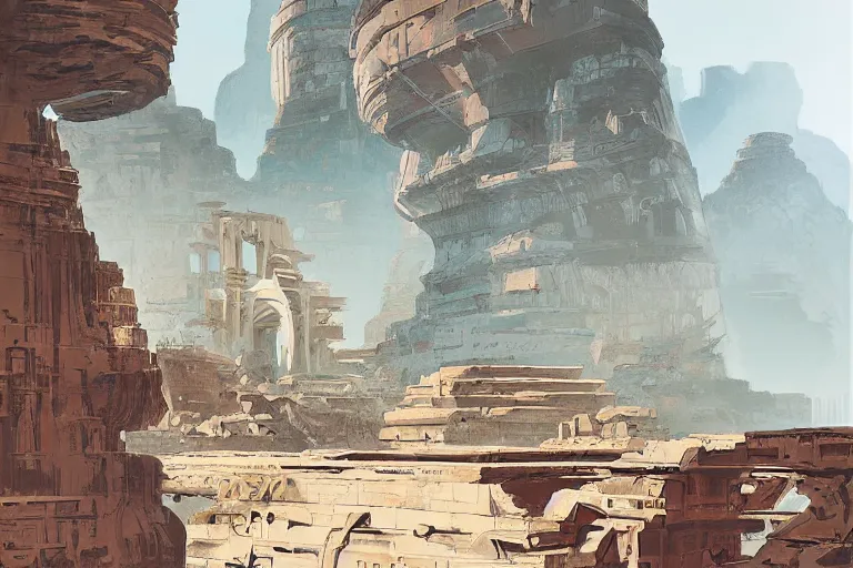 Image similar to an architectural painting of the ruins of an archaic city of ancient persia looming above a canyon by syd mead and and james gilleard in the style of hugh ferriss, ancient persian architrcture by hugh ferriss