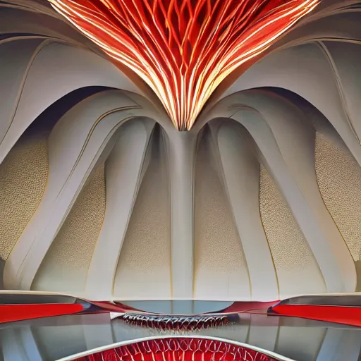 Prompt: interior of a futuristic lotus temple with gold, red and white marble panels, in the desert, by zaha hadid and buckminster fuller and syd mead, intricate contemporary architecture with art nouveau motifs, photo journalism, photography, cinematic, national geographic photoshoot