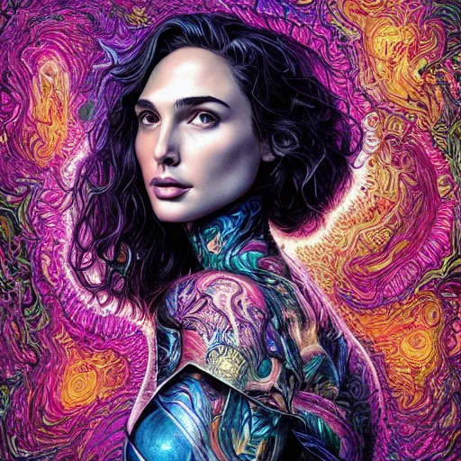 Image similar to portrait of gal gadot, hyper detailed masterpiece, neon floral pattern, jean giraud, digital art painting, darkwave goth aesthetic, psychedelic, artgerm, donato giancola and tom bagshaw