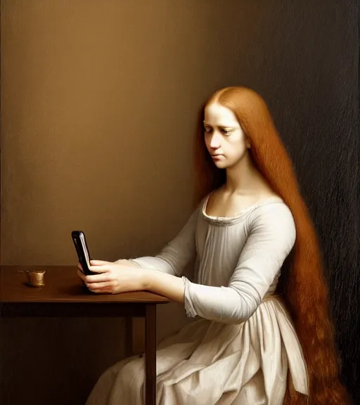 Prompt: portrait of a long - haired woman with a cellphone browsing reddit. com on her phone sitting upon a table with heightened detail, poised, intense emotion, detailed facial expression, detailed surroundings, intricate, elegant, highly detailed, centered, digital painting, artstation, concept art, smooth, sharp focus, illustration, by ( leonardo da vinci ), wlop