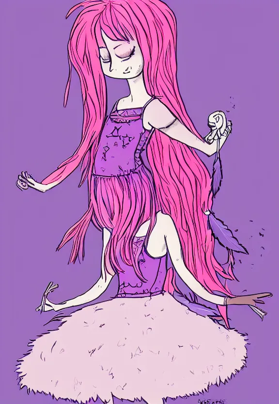 Image similar to little girl with eccentric pink hair wearing a dress made of purple feather, art by dcwj