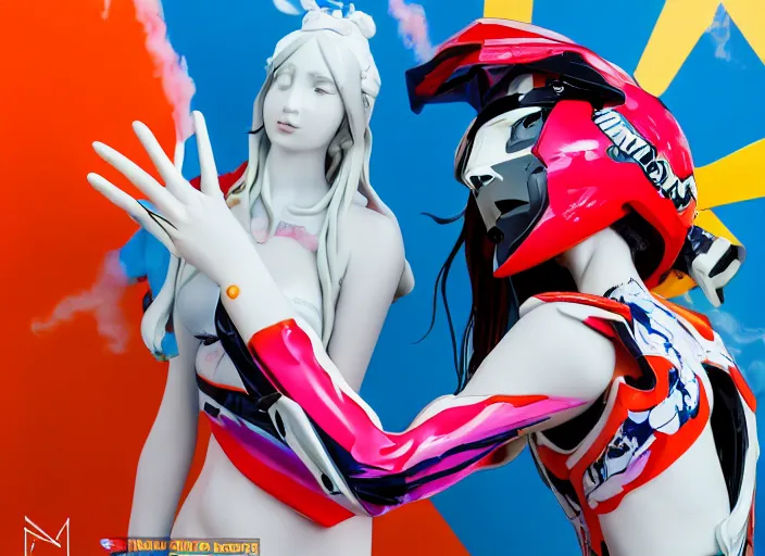 Image similar to extremely beautiful photo of a white marble statue of an anime girl with colorful motocross logos and motorcycle helmet with closed visor, colorful smoke in the background, carved marble statue, fine art, neon genesis evangelion, virgil abloh, offwhite, denoise, highly detailed, 8 k, hyperreal