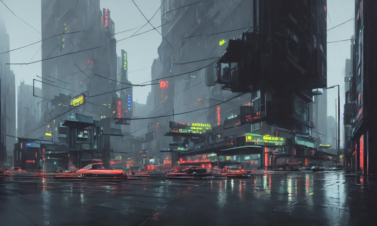 Image similar to photorealistic streetscape, simple brutalist architecture, metal, concrete, wet streets, neon lights, neon signs, flying vehicles, pedestrians, greg rutkowski, syd mead, ralph mcquarrie, concept art, matte painting, finely detailed, minimal artifacts, rule of thirds, dynamic lighting, cinematic, denoised, centered, artstation