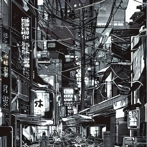 Image similar to manga illustration of poor cyberpunk city, rainy weather, highly detailed