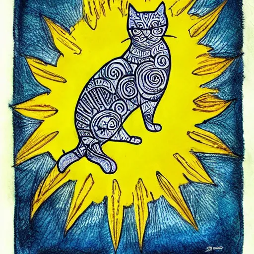 Image similar to tattoo sketch on yellow paperp, polynesian style, cat hugging the sun, maori