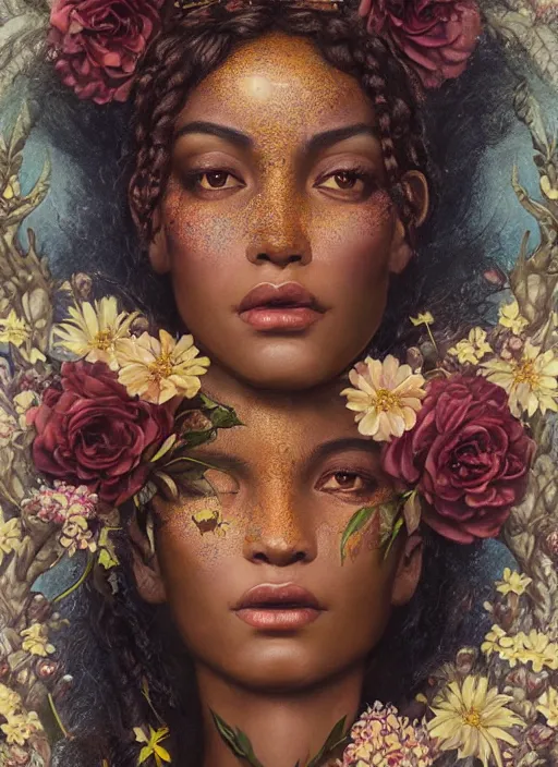 Image similar to portrait of the african queen of the underworld, surrounded by flowers by karol bak, james jean, tom bagshaw, rococo, sharp focus, trending on artstation, cinematic lighting, hyper realism, octane render, 8 k, hyper detailed.