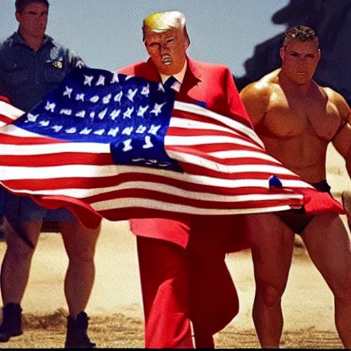 Prompt: an award winning photo, of a shirtless, muscular, donald trump, wearing an american flag as a cape, as he is leading his troops into battle against a giant communist.