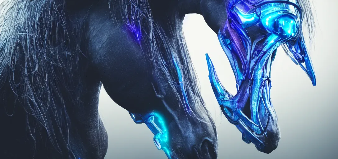 Prompt: perfect horse by David Manzur, photographic reality, hyperreal , complete scene, ornate, details, smooth, sharp focus, illustration, realistic, cinematic, artstation, award winning, rgb, ethereal blue lighting, cyberpunk look, biomechanical mask. bio luminescent biomechanical, halo, jellyfish. , unreal engine, octane render, cinematic light, iridescent details, iridescent colors, dichroic, macro, depth of field, blur, 8K,