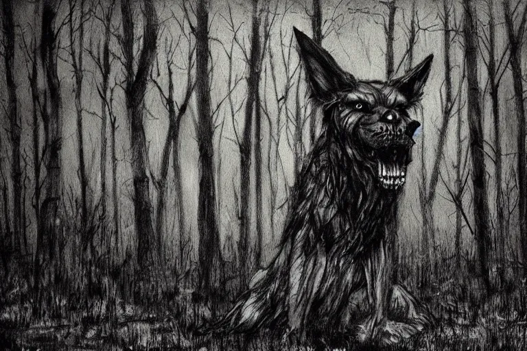 Image similar to mad creepy hellhound watching us in forest artwork by ben templesmith