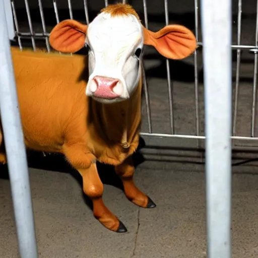 Image similar to cute calf dressed as an inmate behind bars