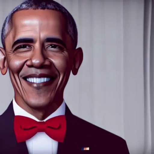 Image similar to realistic photo of casual obama with red hair wearing a black sweater and a green bow tie, still from riverdale