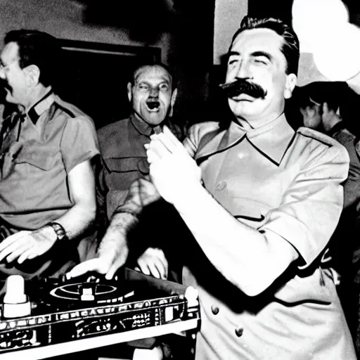 Image similar to stalin is the dj at a rave party, photography