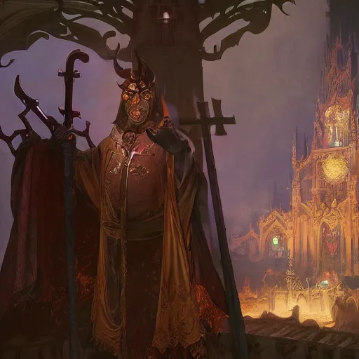 Prompt: an extremely detailed matte painting of a horned demon priest preaching in a fantasy city, tiefling from d & d carrying a large wooden cross, fantasy, dressed in a catholic priest's cassock made of mithril, fantasy tavern background, 4 k, artstation, detailed, realistic, by alphonse mucha and greg rutkowski