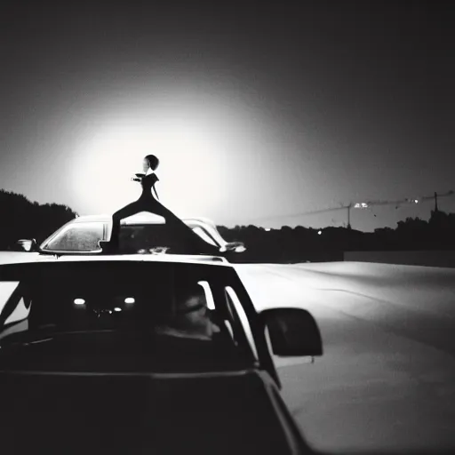 Image similar to medium format photograph with camera flash of a surreal fashion shoot on the hood of a car at night