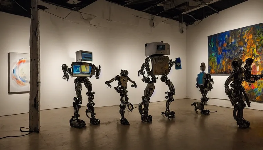 Prompt: robots! in a decrepit art gallery, painting on canvases, dramatic lighting