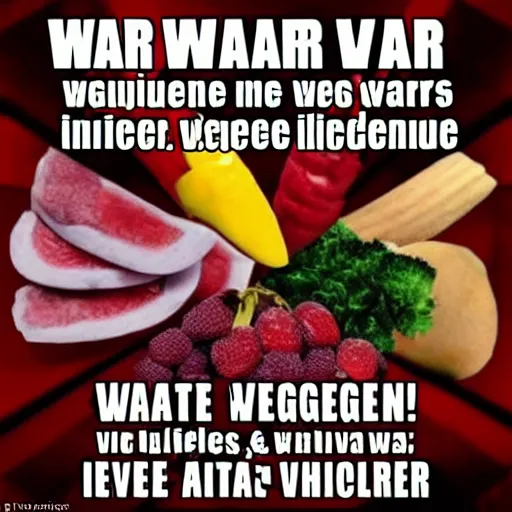 Image similar to war inside a refrigerator fruits and vegetables vs meat and chicken, whoever wins the war stays in the refrigerator mouth