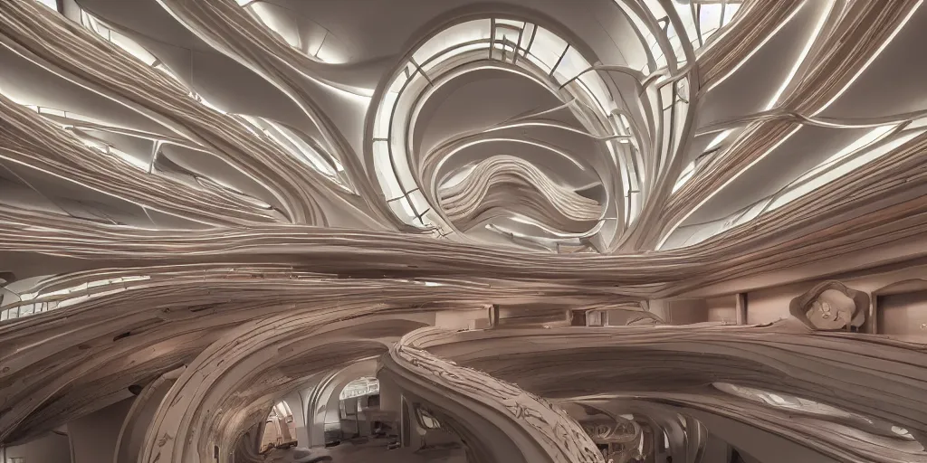 Image similar to extremely detailed stunning beautiful futuristic smooth curvilinear museum interior, colorful, hyper real, 8k, 3D cinematic volume light