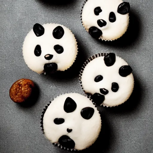 Prompt: cupcakes in the shape of pandas, food photography, centered, bokeh, studio lighting