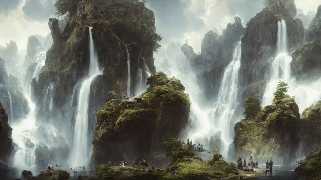Prompt: elven architecture above the great alpine waterfall. andreas achenbach, artgerm, mikko lagerstedt, zack snyder, tokujin yoshioka