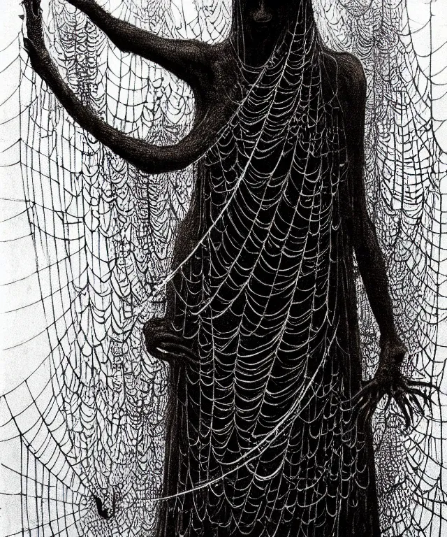 Image similar to a woman standing all covered in spiders. arachnophobia, fear of spiders, incredible number of spiders. extremely high details, many spider paws and eyes, realistic, horror, creepy, web, masterpiece, colorful art by zdzislaw beksinski, arthur rackham, dariusz zawadzki, ed binkley