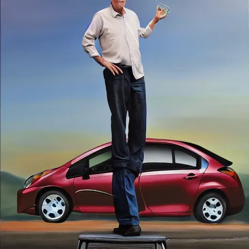 Prompt: larry david standing on top of 2009 prius, painting