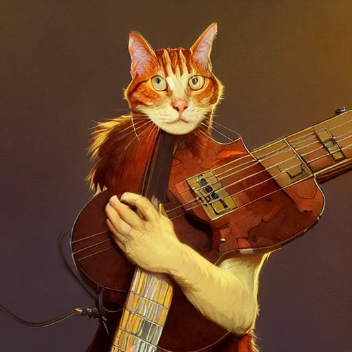 Image similar to a ginger hardrocker cat playing electric guitar, cinematic lighting, highly detailed, digital painting, artstation, concept art, smooth, sharp focus, illustration, art by Terry Moore and Greg Rutkowski and Alphonse Mucha