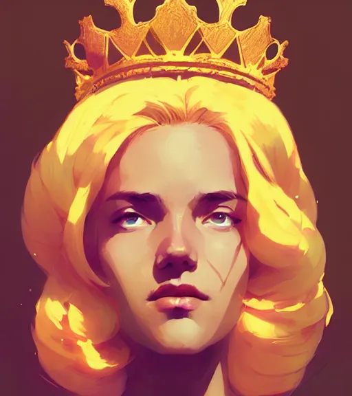 Image similar to portrait of beautiful queen with golden hair, sun, crown, by atey ghailan, by greg rutkowski, by greg tocchini, by james gilleard, by joe fenton, by kaethe butcher, dynamic lighting, gradient light blue, brown, blonde cream and white color scheme, grunge aesthetic