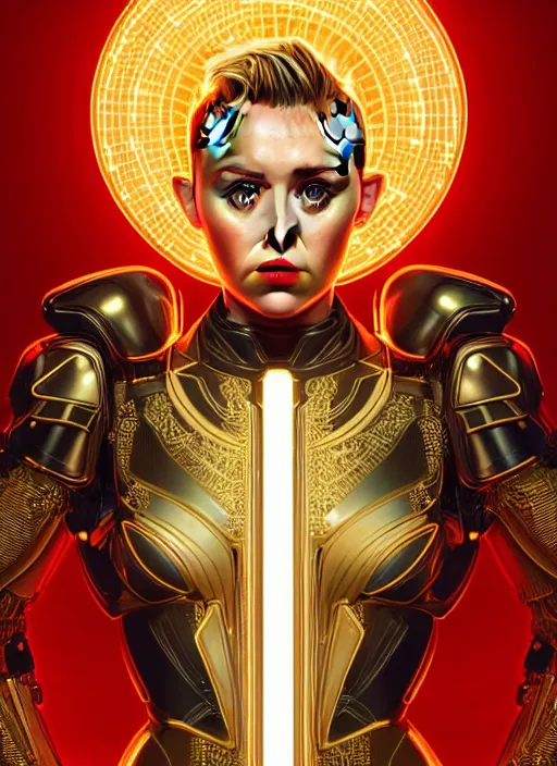 Image similar to symmetry!! portrait of miley cyrus, gold sci - fi armour, tech wear, glowing lights!! sci - fi, intricate, elegant, highly detailed, digital painting, artstation, concept art, smooth, sharp focus, illustration, art by artgerm and greg rutkowski and alphonse mucha