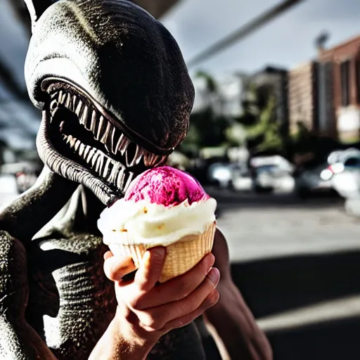 Prompt: xenomorph eating ice cream on a hot sunny day, photography