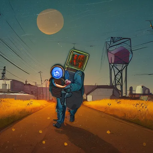 Image similar to metallic android carrying a sleeping child, background of farmland, buildings on fire, no blur, very detailed, nighttime, in the style of Simon Stalenhag