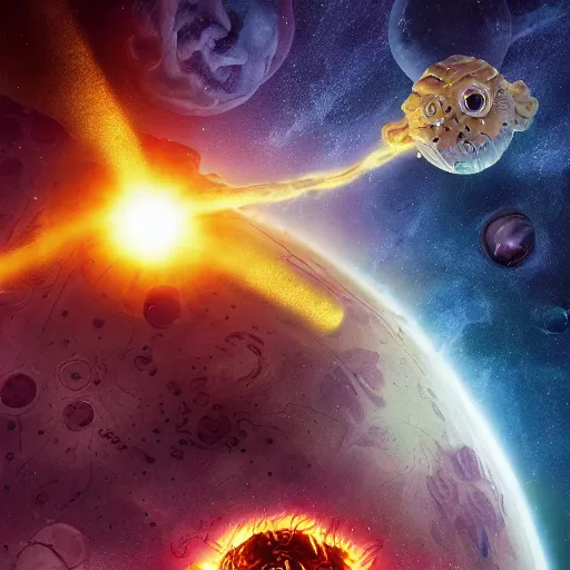 Image similar to one eldritch horror bloody garfield in space, galaxy, hd, 8 k, explosions, gunfire, lasers, giant, epic, realistic photo, unreal engine, stars, prophecy, powerful, cinematic lighting, destroyed planet, debris, movie poster, violent, sinister, ray tracing, dynamic, print, epic composition, dark, horrific, tentacles, teeth