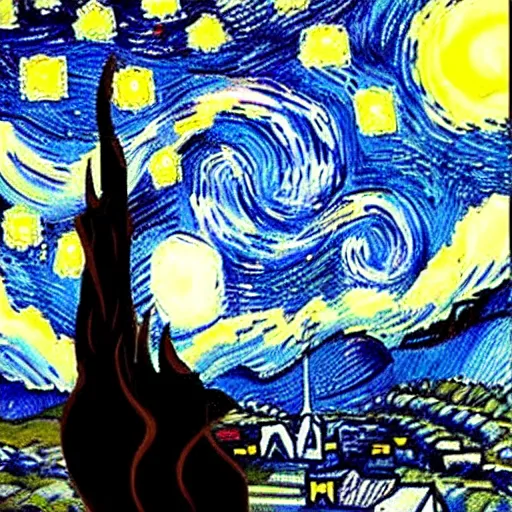 Image similar to a painting of a wizard cat in the style of starry night