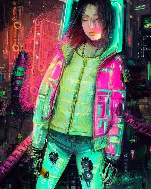 Image similar to detailed portrait Neon Operator Girl, cyberpunk futuristic neon, reflective puffer jacket, black leggings, decorated with traditional Japanese ornaments by Ismail inceoglu dragan bibin hans thoma !dream detailed portrait Neon Operator Girl, cyberpunk futuristic neon, reflective puffy coat, decorated with traditional Japanese ornaments by Ismail inceoglu dragan bibin hans thoma greg rutkowski Alexandros Pyromallis Nekro Rene Maritte Illustrated, Perfect face, fine details, realistic shaded, fine-face, pretty face