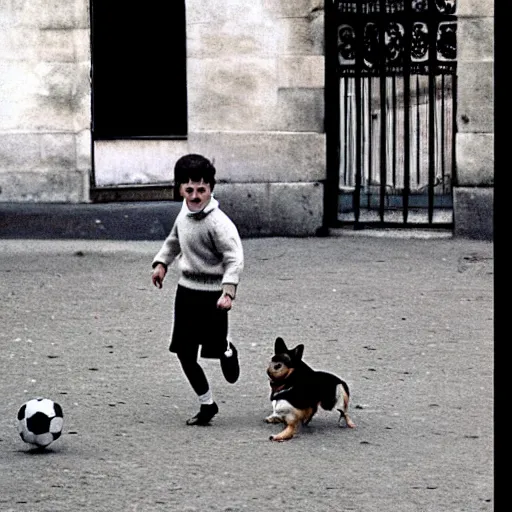 Prompt: a french boy on the streets of paris playing football against a corgi, the dog is wearing a polka dot scarf, book illustration, 1 9 6 6