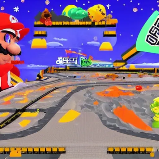 Image similar to A Mario Kart Double Dash Custom Track On The Moon called 'Wario's Moon Base'. Detailed nintendo videogame racetrack.