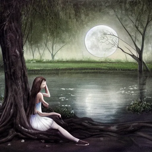 Image similar to a girl in a white dress looks up at the moon while sitting on the roots of an ancient tree next to a pond, the moon can be glimpsed, a towering forest surrounds the pond, dark fantasy, night time, realistic painting, ultra detailed