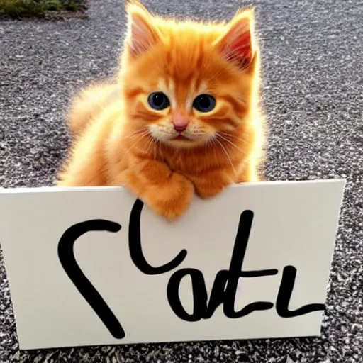 Image similar to cute fluffy orange tabby kitten with a sign that says